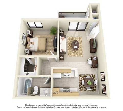 Floor plan for 1 bed, 1 bath, 700 sqft
